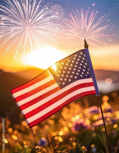 An American flag waves against a vibrant sunset with fireworks exploding overhead in a celebratory scene.