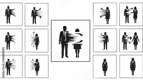 Silhouettes of people interacting and being affected by abstract forces.