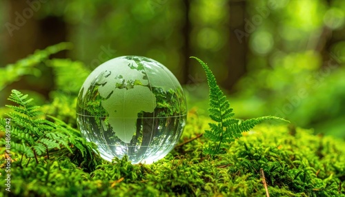 A small glass Earth globe rests on vibrant green moss surrounded by lush foliage.