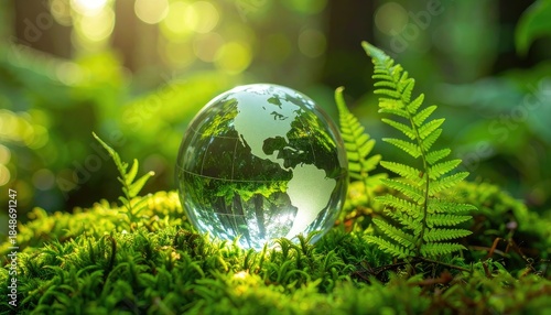 A crystal globe representing the Earth rests nestled in vibrant green moss and fern foliage under dappled sunlight.