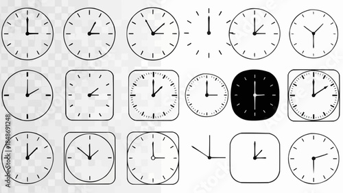 Collection of Various Clock Faces and Timekeeping Devices.