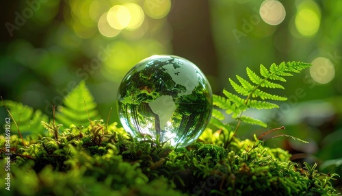 A crystal globe reflecting a lush forest sits atop vibrant green moss surrounded by ferns.