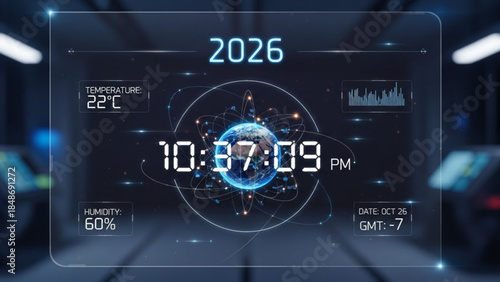 Futuristic digital interface display showing earth with clock, temperature, humidity, and date on a dark background with blue accents