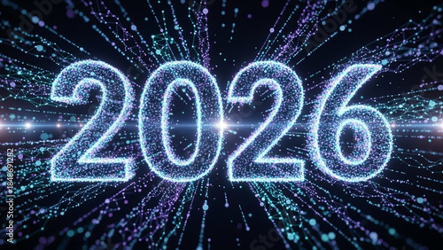 Sparkling blue 2026 text with radiant light effects on dark background