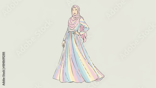 Elegant Woman Wearing a Colorful Hijab and Flowing Dress.