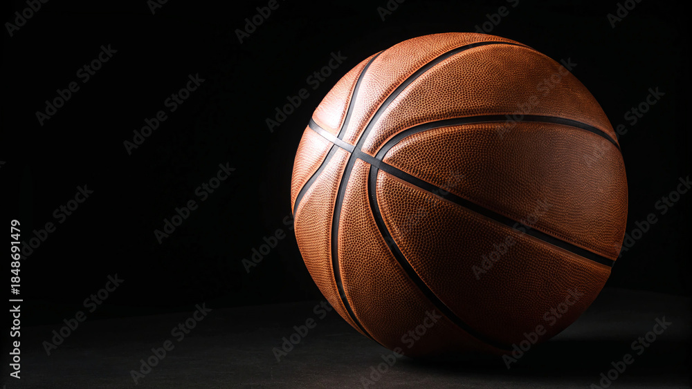 Obraz premium Basketball resting on dark surface with spotlight highlighting its texture and details during indoor setting