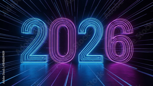 Neon lit 2026 numbers in blue and pink hues on dark background with radiant lines