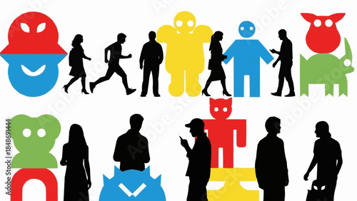 Diverse group of stylized human figures and abstract shapes representing people and community.