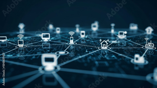 Technology and internet network connections concept with various devices on a blue grid background