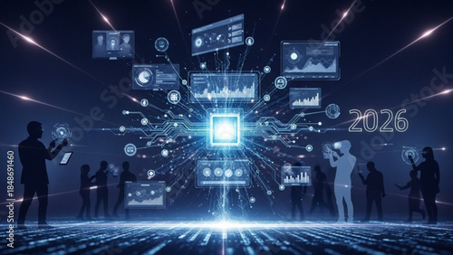 People interact with futuristic digital interface screens displaying data charts and graphs in a dark room with glowing blue lines