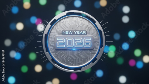 New year 2026 celebration with silver circuit board design and colorful bokeh lights on dark background