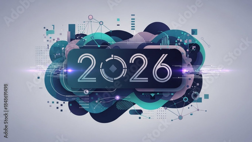 Futuristic technology background with 2026 year in neon lights, abstract shapes and glowing lines on gray