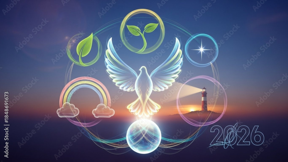 Obraz premium A radiant white dove surrounded by eco friendly symbols and a glowing orb against a serene sunset background with a lighthouse and rainbow