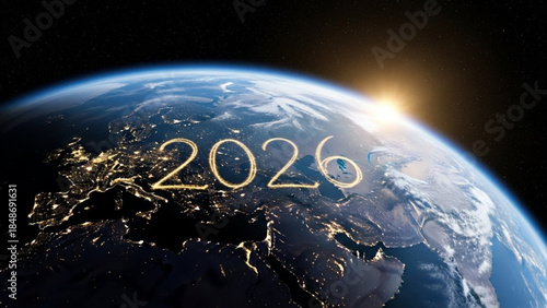 Globe with 2026 written on it in space with sun rising behind