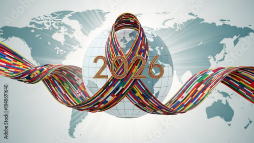 Multicolored cables twisted around 2026 on a world map background with a white globe