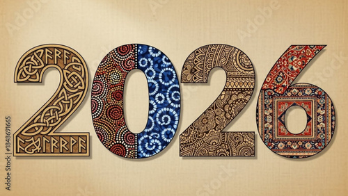 Decorative 2026 numbers with intricate patterns on beige background for design