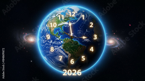 Glowing blue earth with clock numbers and 2026 text in space with galaxies