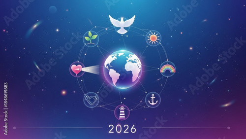 A glowing blue and purple globe surrounded by symbolic icons of peace, love, and harmony in space, representing global unity