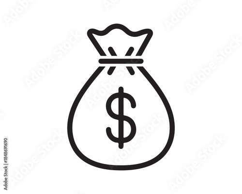 Black Outline Money Bag Icon with Dollar Symbol. Finance and Income Concept.