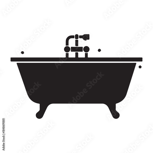  A simple black and white icon illustration of a classic clawfoot bathtub with built-in faucet and knobs