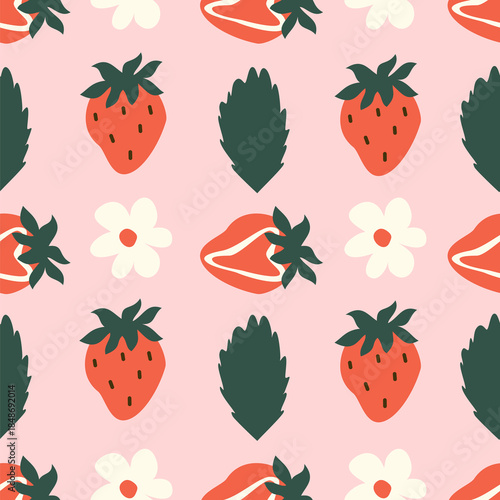 cute hand drawn seamless vector pattern illustration with strawberries, leaves and daisy flowers on pink background