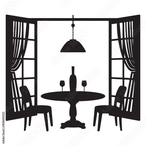  A romantic dinner scene silhouette with wine bottle and two glasses