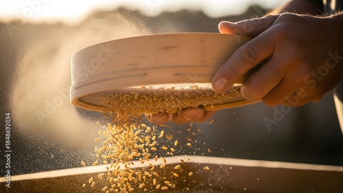 Close-up of a person sifting grains in a wooden sieve outdoors at sunset with golden light illuminating the scene