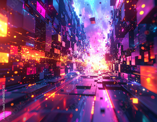 Abstract digital tunnel with glowing neon lights and floating cubes in vibrant colors