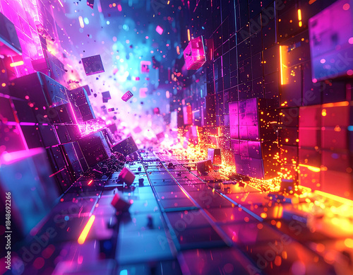 Abstract digital explosion of glowing cubes in neon pink and blue light