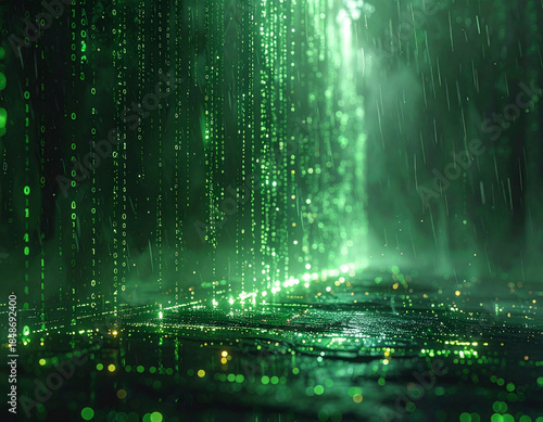 Digital rain of binary code falling in a dark, futuristic, misty environment