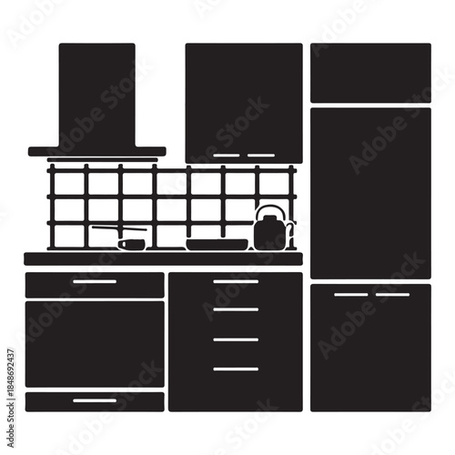  Black silhouette icon representing a fully furnished modern kitchen interior design layout