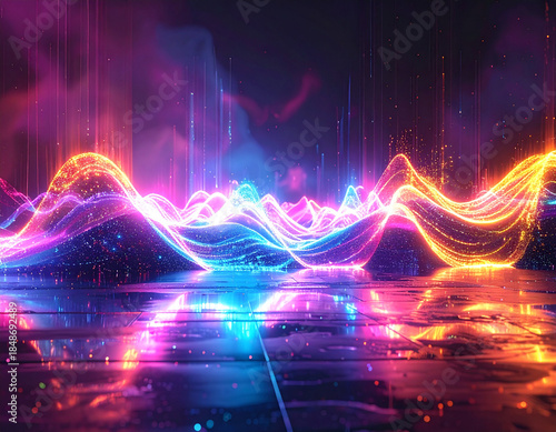 Vibrant neon sound waves pulse with digital energy on a reflective surface