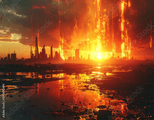 Apocalyptic cityscape engulfed in flames with fiery meteors falling from the sky