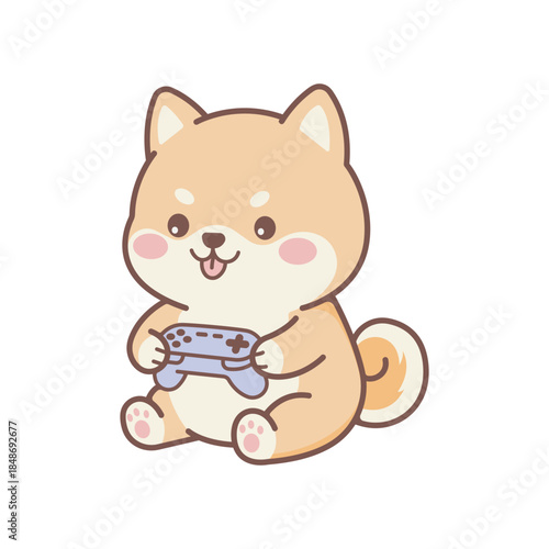 Cute shiba inu puppy playing video game sticker holding game controller in kawaii cartoon style for kids