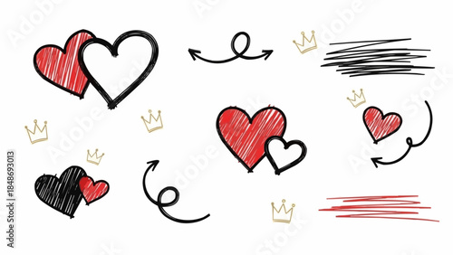 Collection of Hand Drawn Hearts and Arrows with Crowns.