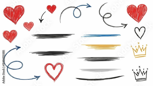Collection of Hand Drawn Hearts Arrows and Crowns Graphic Elements.