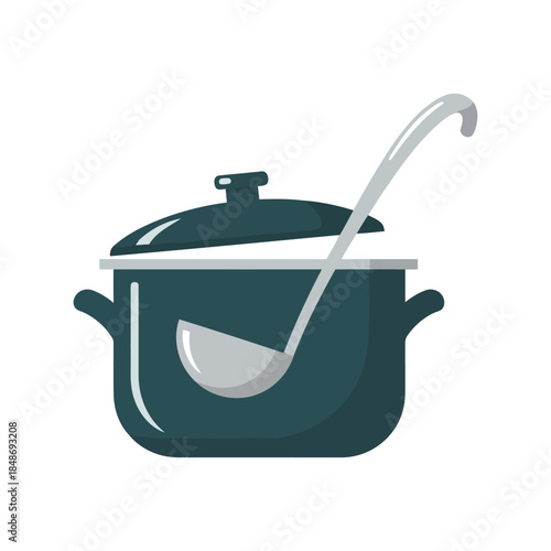 Modern Cooking Pot Vector with Ladle for Culinary Designs, Kitchen Accessories, and Food Preparation Illustrations