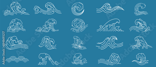 Hand Drawn Ocean Wave Line Art Set with Water Splashes and Curling Sea Waves in Minimalist Ink Sketch Style, Vector Illustration Collection