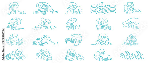 Hand drawn ocean wave illustration set with flowing water splashes, dynamic curls and decorative sea elements
