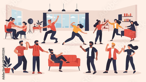 Vibrant social gathering with diverse individuals engaging in dance and conversation in a modern
