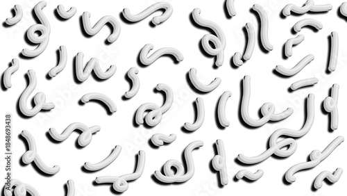 Abstract white 3D squiggly shapes background. Minimal pattern of curved worm-like objects with shadow.