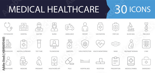 Medical Healthcare and Telemedicine line Icons. Features icons of hospital, nurse, patient, science, doctor and emergency. Perfect for health apps hospital websites.