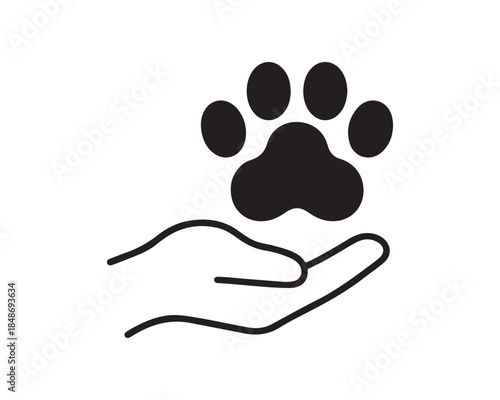 Pet paw print in human hand icon. Animal care, rescue, and vet symbol.