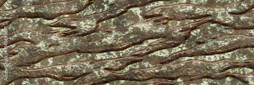 Seamless texture of weathered metal with a striped zebra like pattern and rough corroded surface. 3d illustration