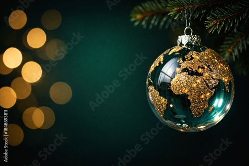Sparkling christmas earth map globe ornament hanging on a dark green fir branch, global holiday season message, perfect for corporate greeting cards