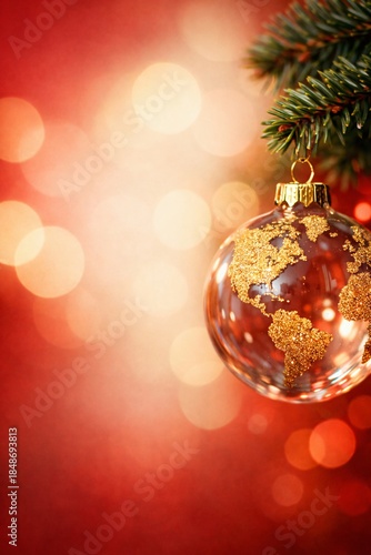 Professional quality glass Christmas ornament showing a gold world map, celebrating global holidays, perfect for commercial projects, corporate greetings