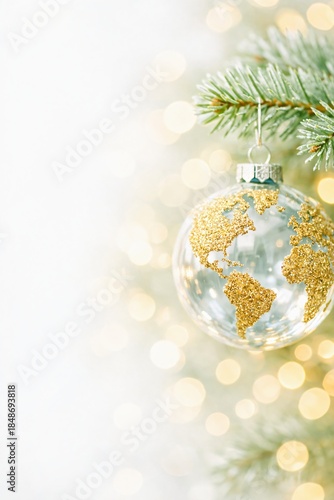 Clear Christmas globe ornament with sparkling gold glitter earth map, elegant global holiday celebration, ideal for international corporate greeting cards