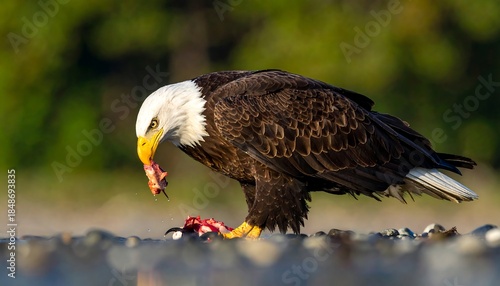 Bald eagle stands on pebbles eating raw meat, green foliage backdrop, focused light