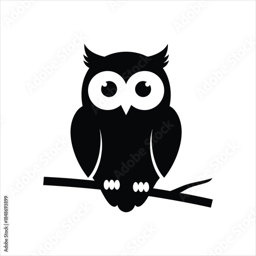 Cute Black Owl Perched on a Branch Vector Graphic