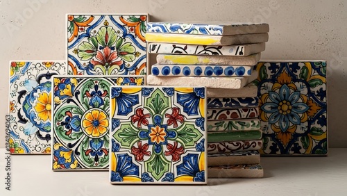 Stack of Vibrant Decorative Ceramic Tiles with Intricate Floral and Geometric Patterns